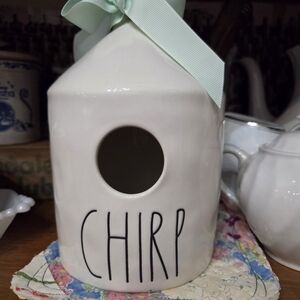 Rae Dunn White Ceramic Birdhouse with Mint Ribbon
